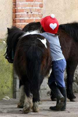 Un enfant fait un calin à un poney. L
